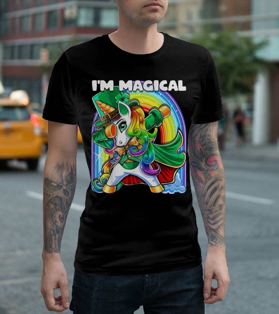 I'm Magical St. Patrick's Day Dabbing Unicorn with Rainbow and Leprechaun Hat T-Shirt