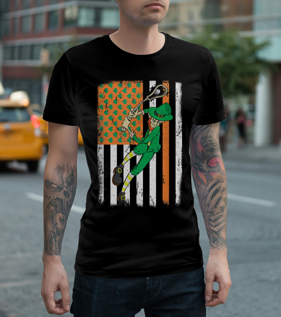Lacrosse Playing Leprechaun with Irish Colors and USA Flag T-Shirt