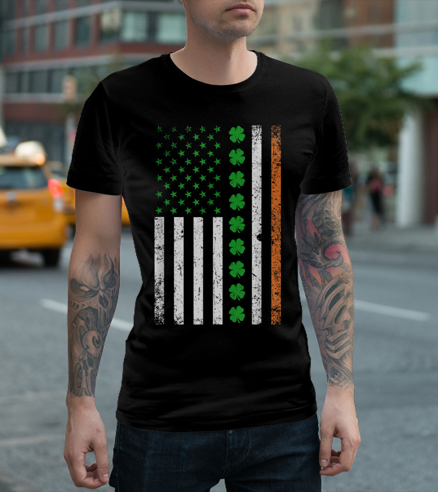 Irish American Flag with Shamrocks and Stripes T-Shirt