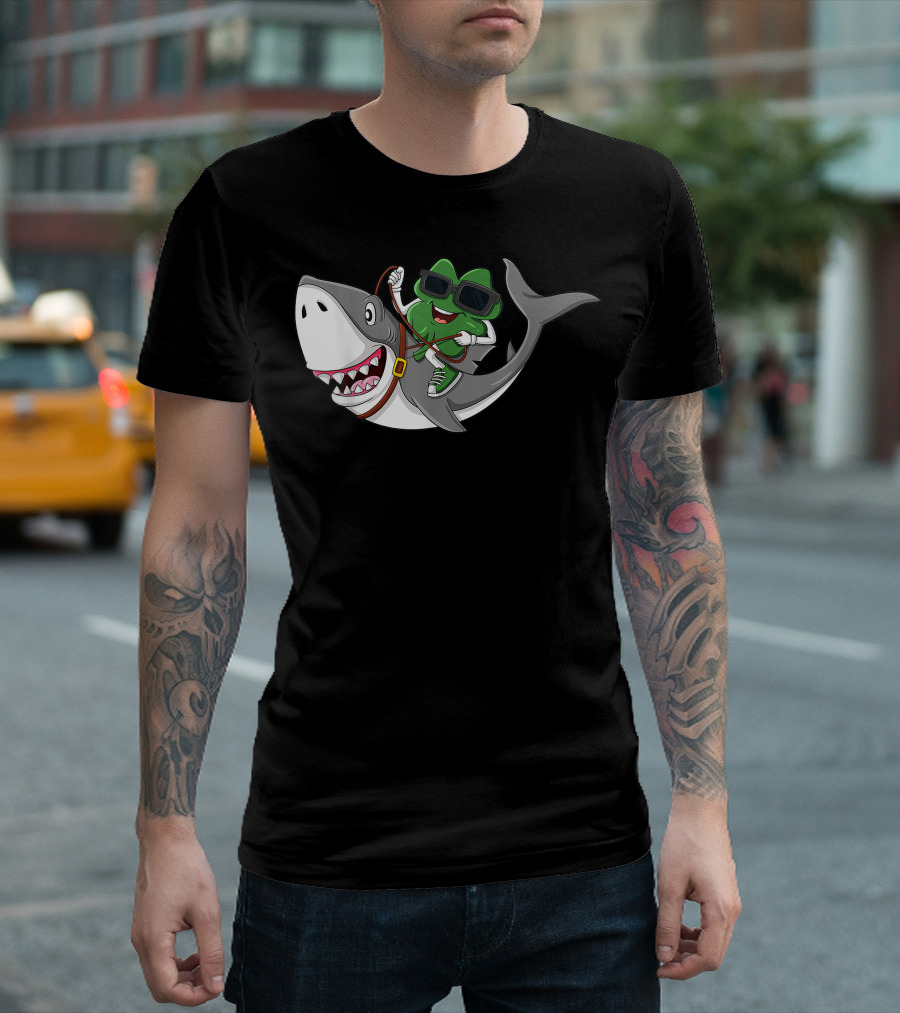 Shamrock Wearing Sunglasses Riding A Shark T-Shirt