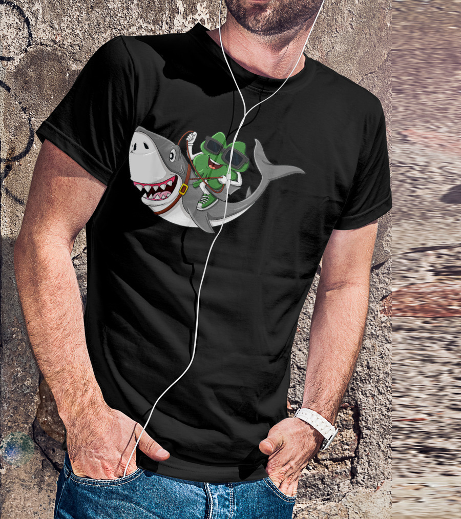 Shamrock Wearing Sunglasses Riding A Shark T-Shirt