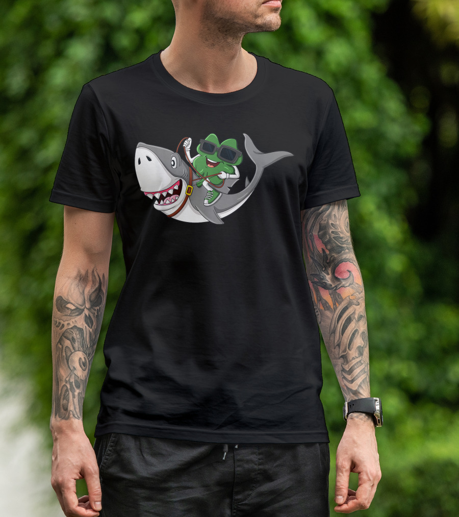 Shamrock Wearing Sunglasses Riding A Shark T-Shirt