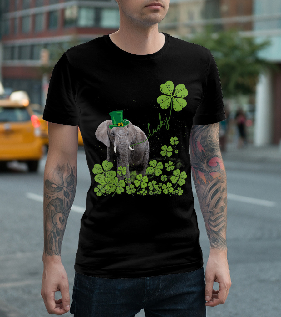 Lucky Elephant with Shamrock Hat and Clovers T-Shirt