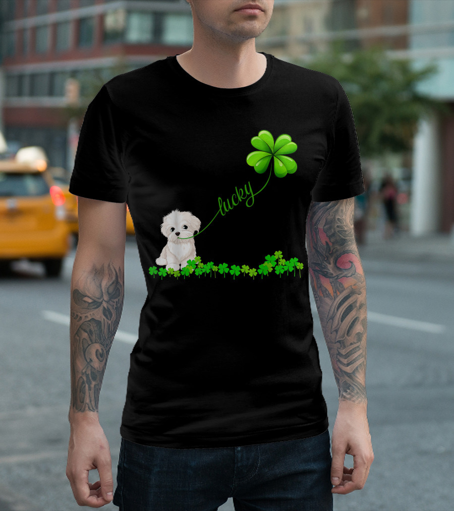 Irish Lucky Maltese Lover Dog With Shamrock And Clover T-Shirt