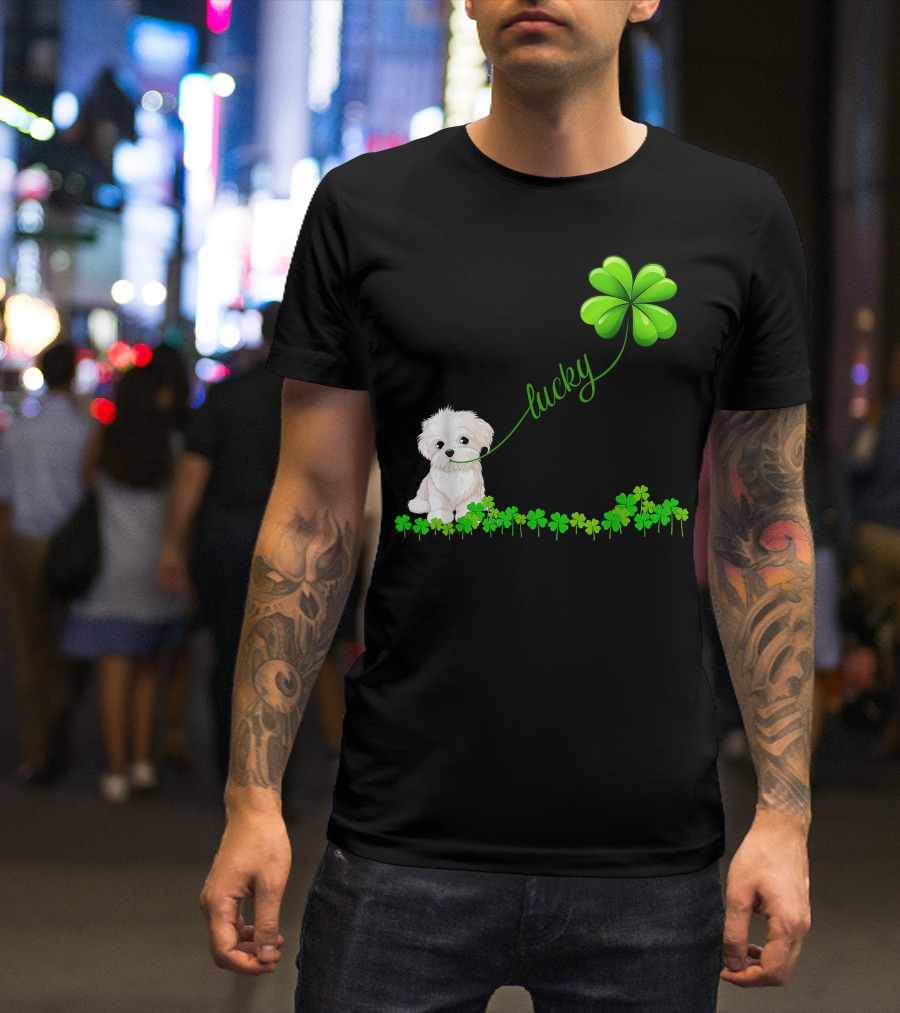 Irish Lucky Maltese Lover Dog With Shamrock And Clover T-Shirt