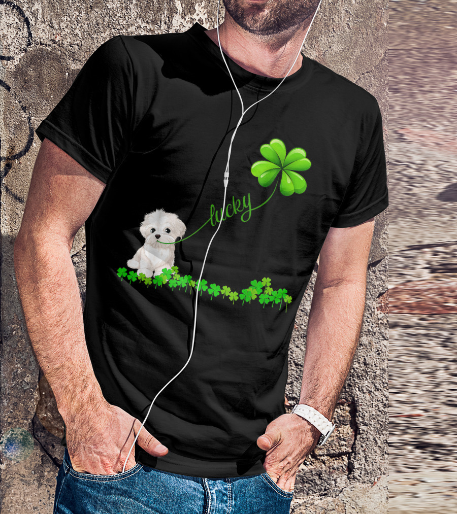 Irish Lucky Maltese Lover Dog With Shamrock And Clover T-Shirt