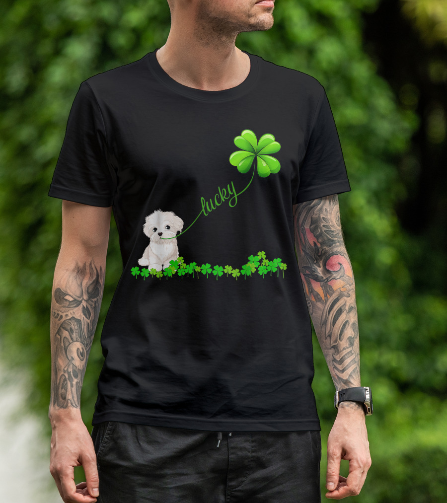 Irish Lucky Maltese Lover Dog With Shamrock And Clover T-Shirt