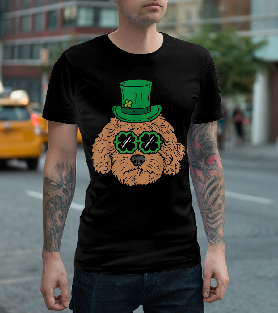 St Patricks Day Irish Goldendoodle Doodle Dog Wearing Shamrock Glasses and Green Hat T-Shirt