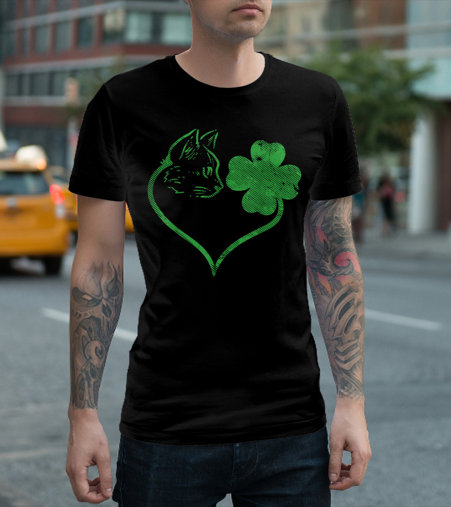 Cat Shamrock Heart St Patricks Day Kitten Lover Pet T-Shirt