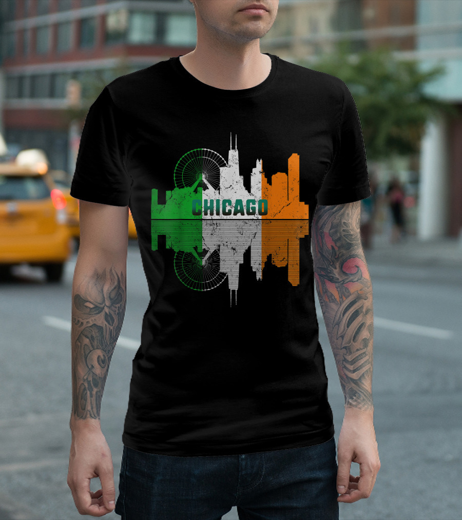 Chicago Skyline Irish Flag St Patricks Day Shamrock T-Shirt