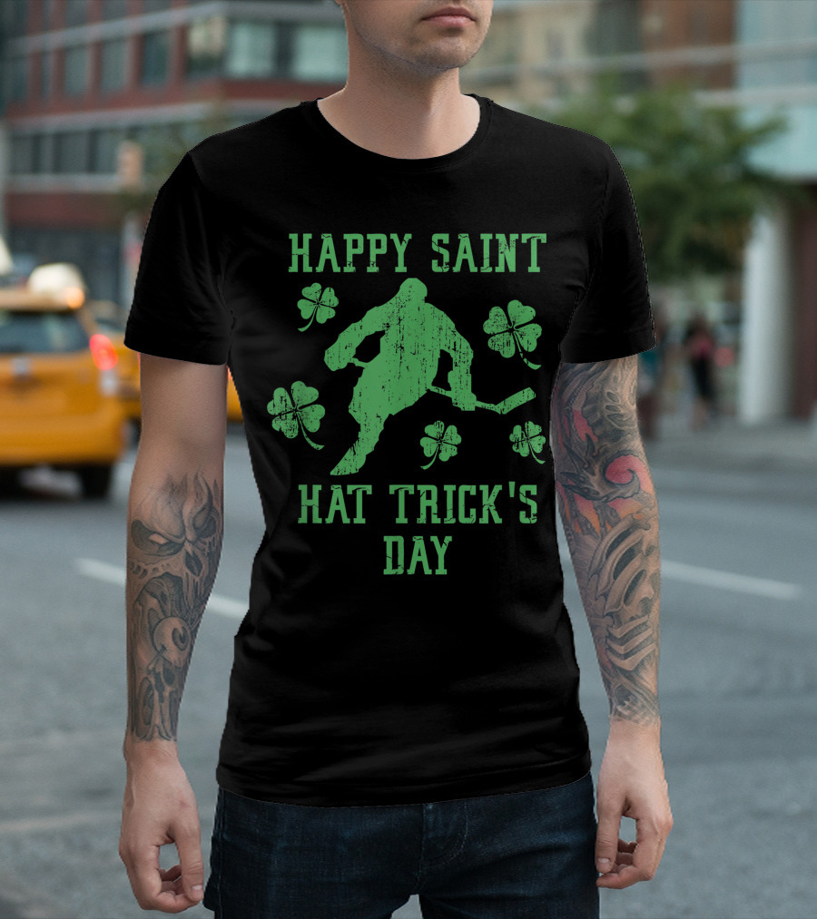 Happy Saint Hat Trick's Day Shamrock Ice Hockey Fun T-Shirt