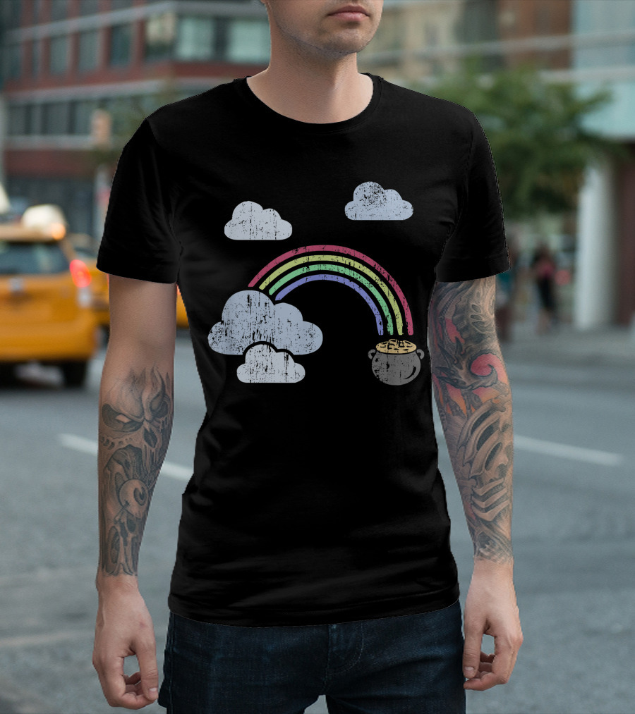 St. Patrick's Day Retro Rainbow Pot of Gold with Clouds T-Shirt