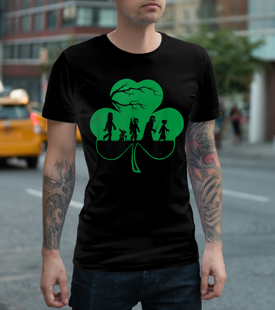 Star Wars Shamrock With Character Silhouettes And Tree Branches On Green Background T-Shirt
