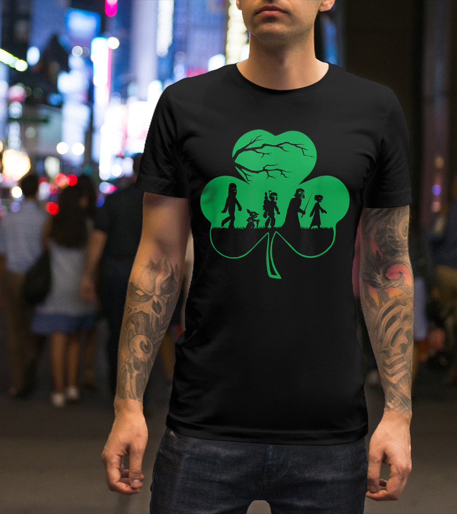 Star Wars Shamrock With Character Silhouettes And Tree Branches On Green Background T-Shirt