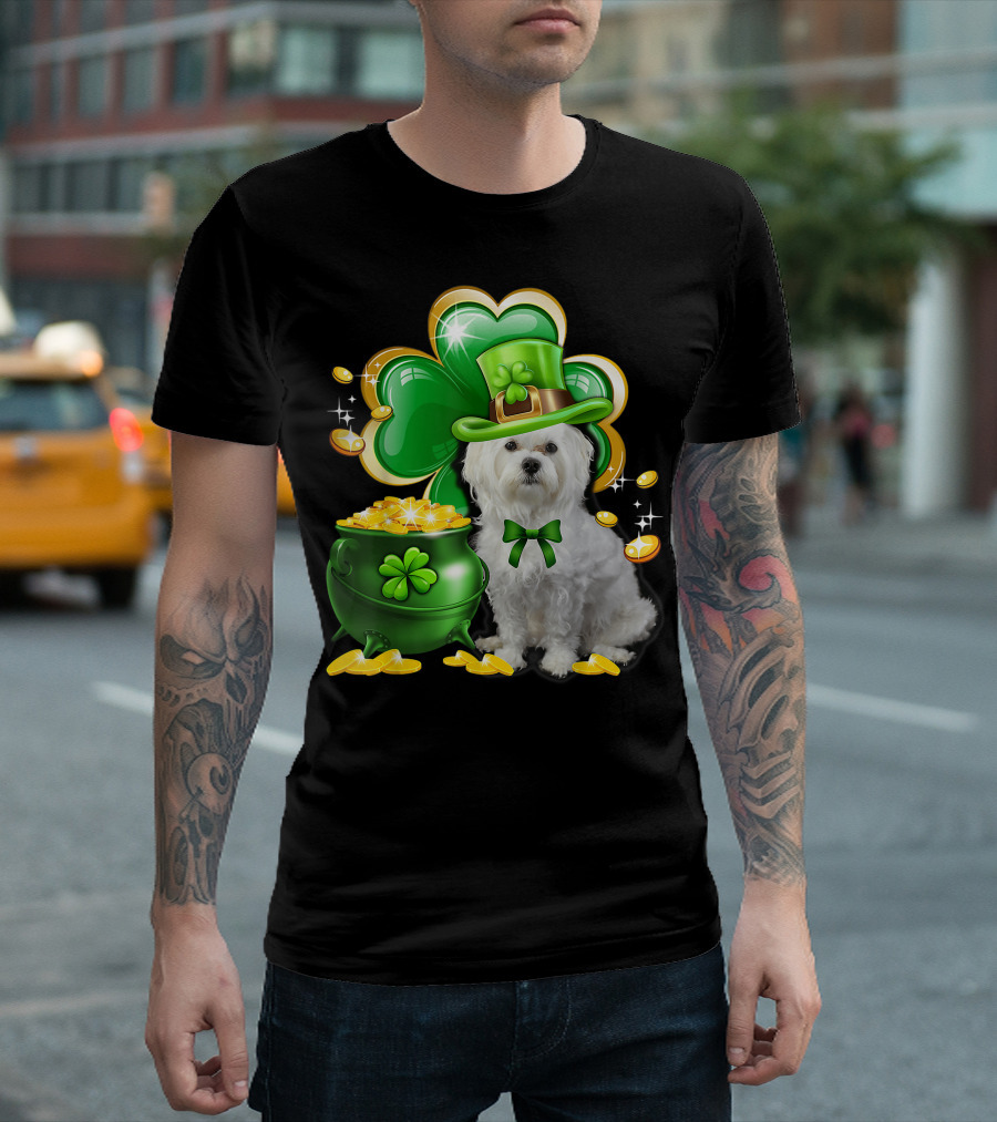 Maltese Dog Shamrock St Patricks Day Irish Pot Of Gold Leprechaun Hat T-Shirt