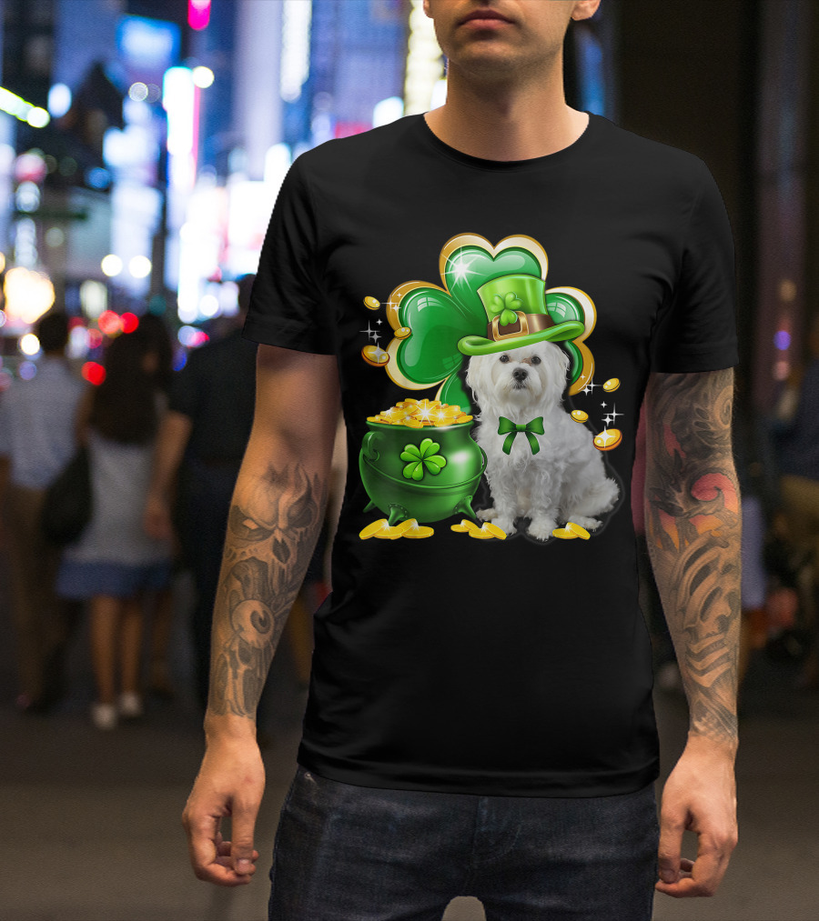 Maltese Dog Shamrock St Patricks Day Irish Pot Of Gold Leprechaun Hat T-Shirt