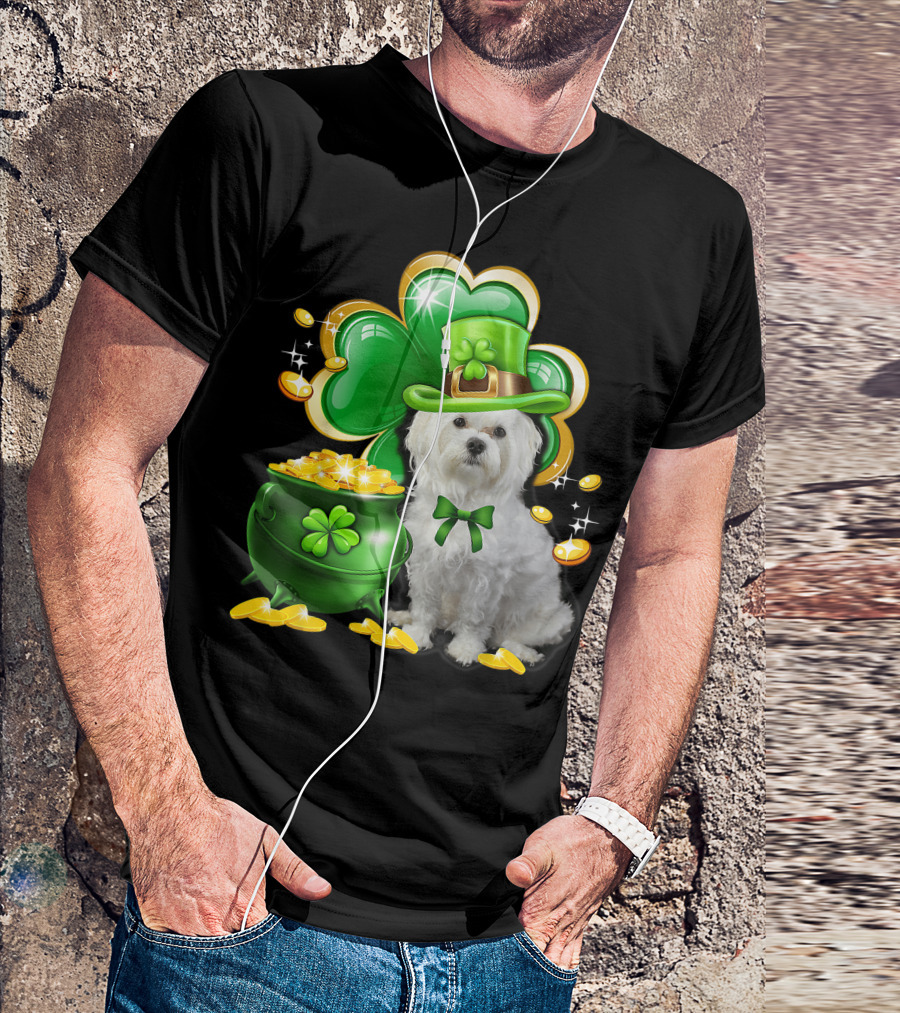 Maltese Dog Shamrock St Patricks Day Irish Pot Of Gold Leprechaun Hat T-Shirt