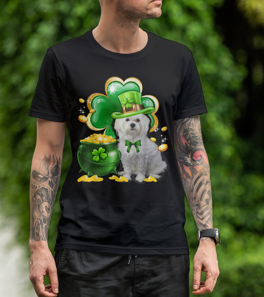 Maltese Dog Shamrock St Patricks Day Irish Pot Of Gold Leprechaun Hat T-Shirt
