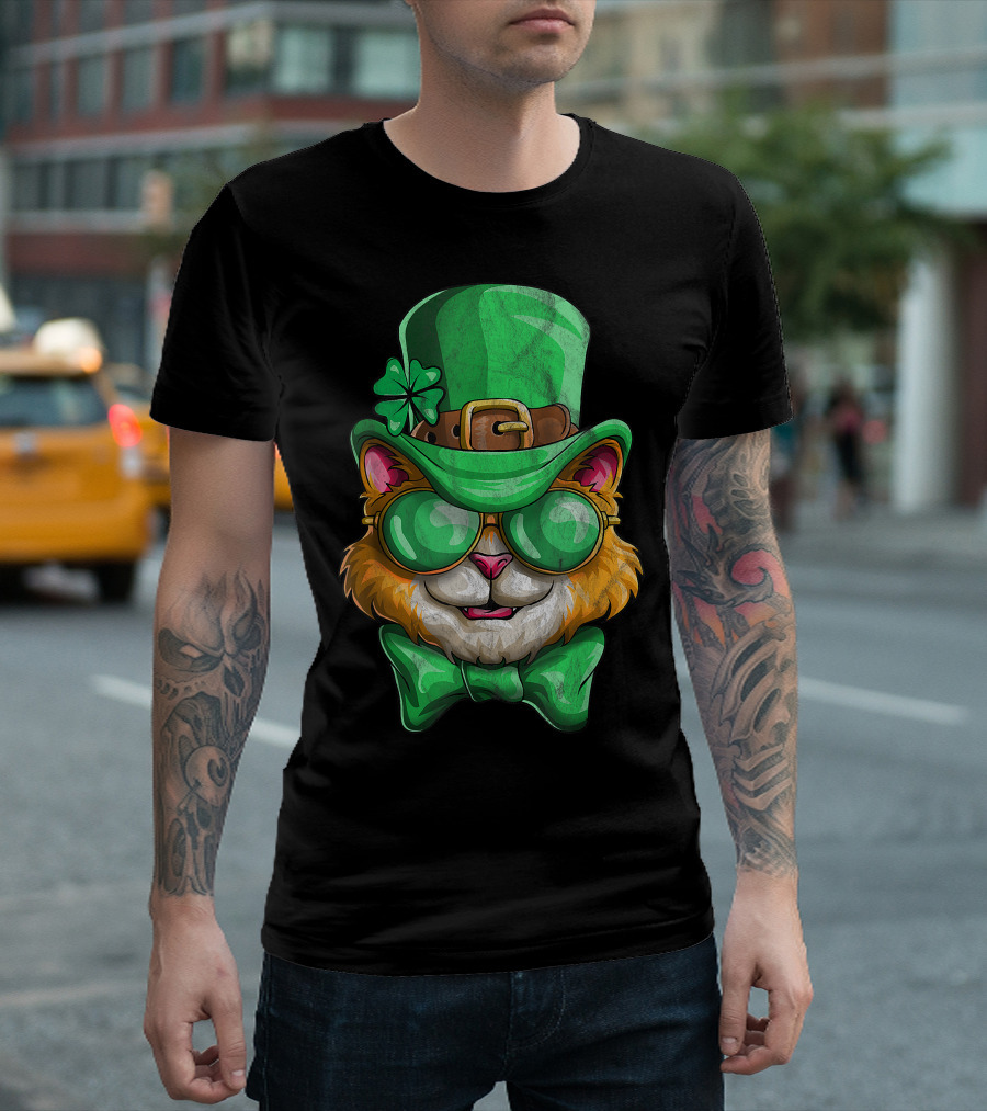 Lepurrchaun St. Patrick's Day Kitty Cat with Green Hat and Bowtie T-Shirt