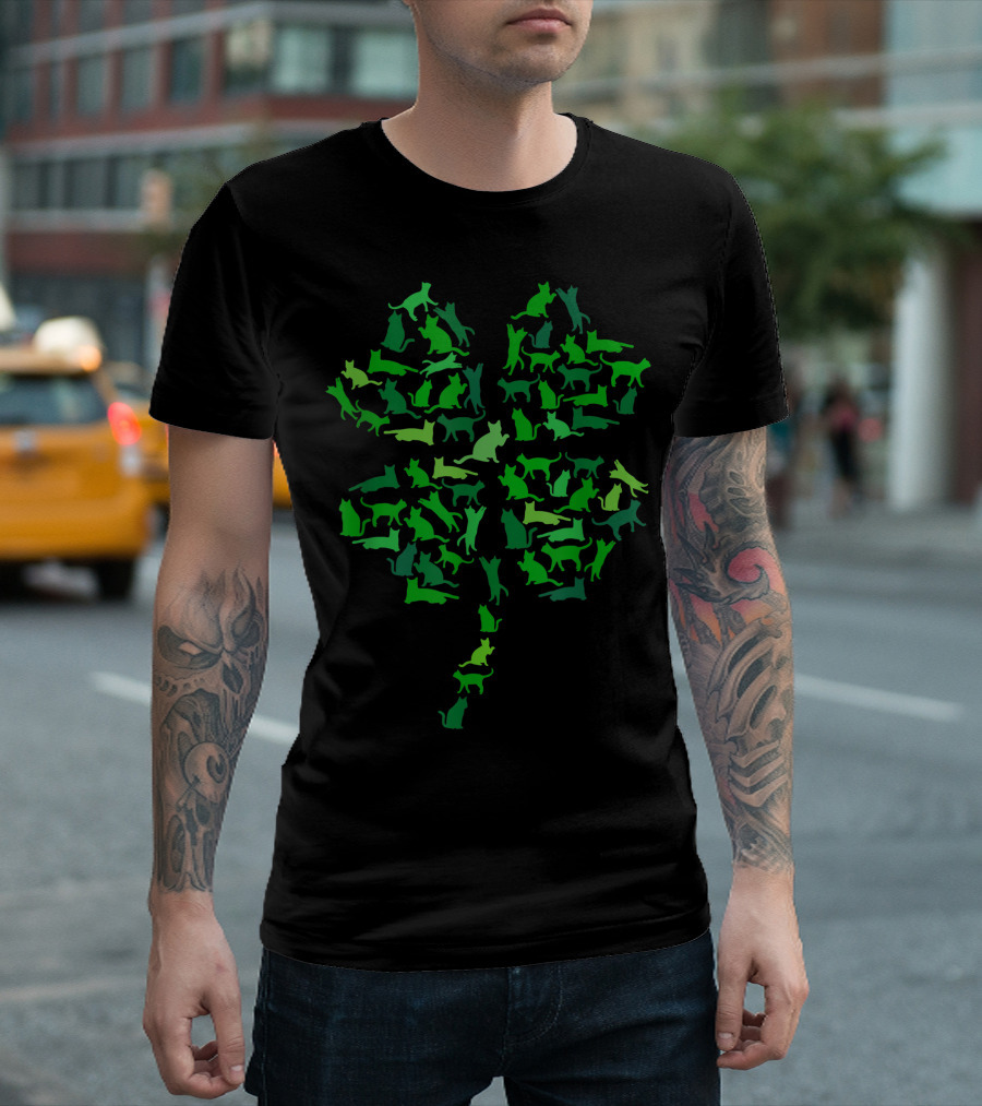 St. Patrick's Day Cat Shamrock Cluster of Green Cats in Clover Shape T-Shirt