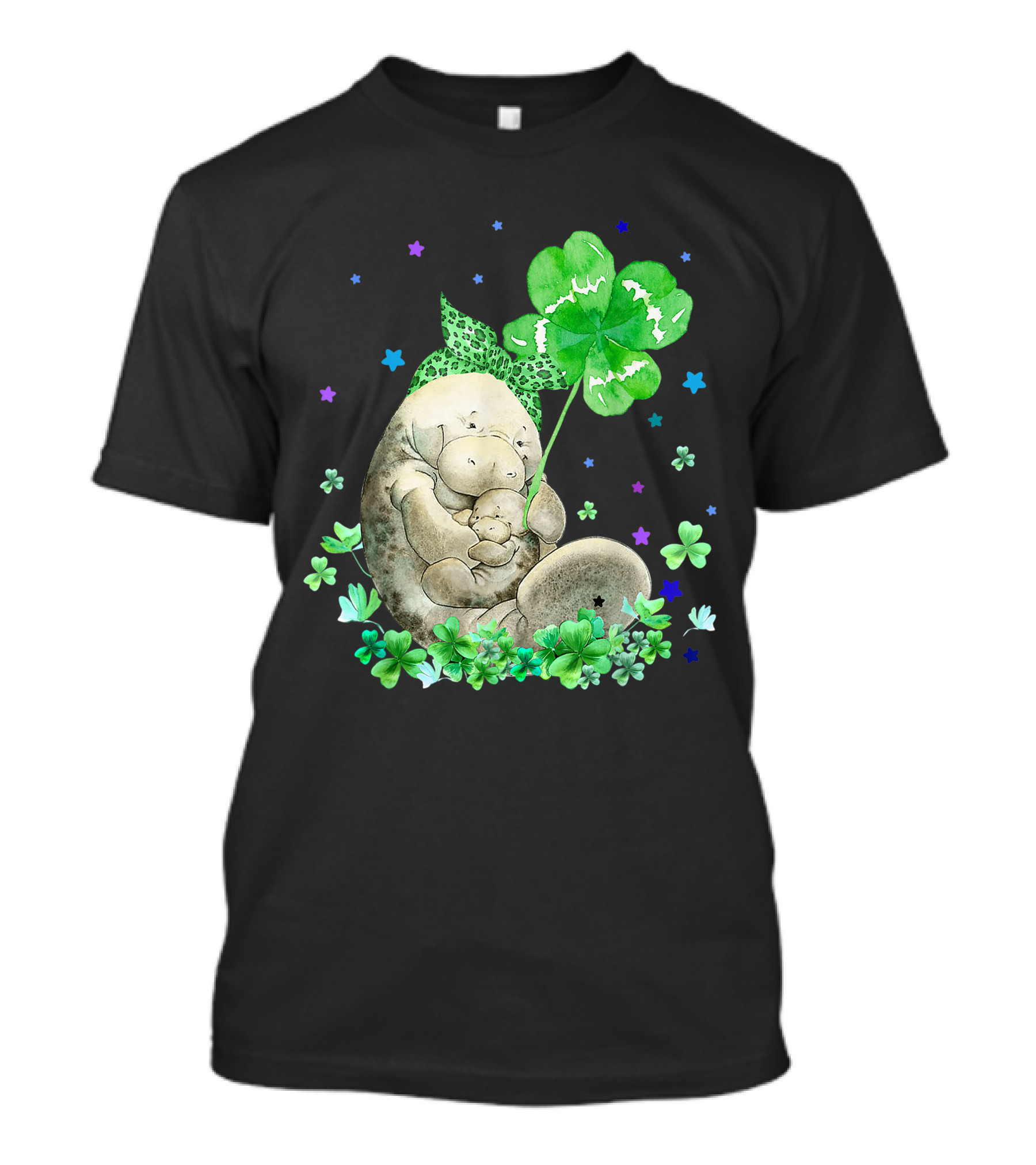 Manatee With Shamrock Holding Baby Surrounded By Stars And Clovers T-Shirt