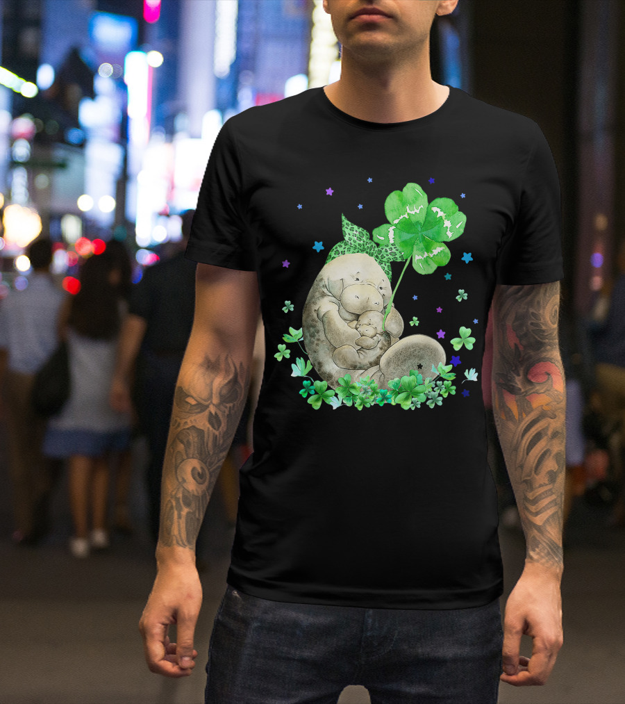 Manatee With Shamrock Holding Baby Surrounded By Stars And Clovers T-Shirt