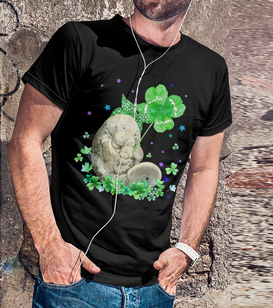Manatee With Shamrock Holding Baby Surrounded By Stars And Clovers T-Shirt