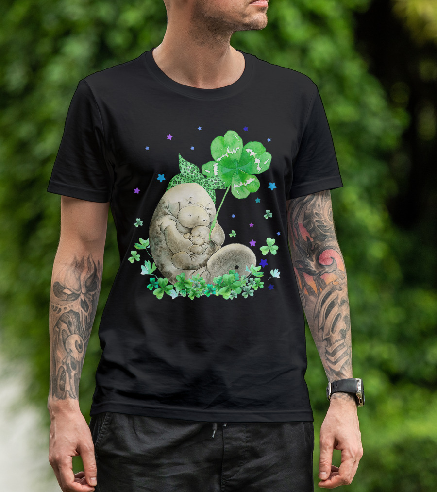 Manatee With Shamrock Holding Baby Surrounded By Stars And Clovers T-Shirt