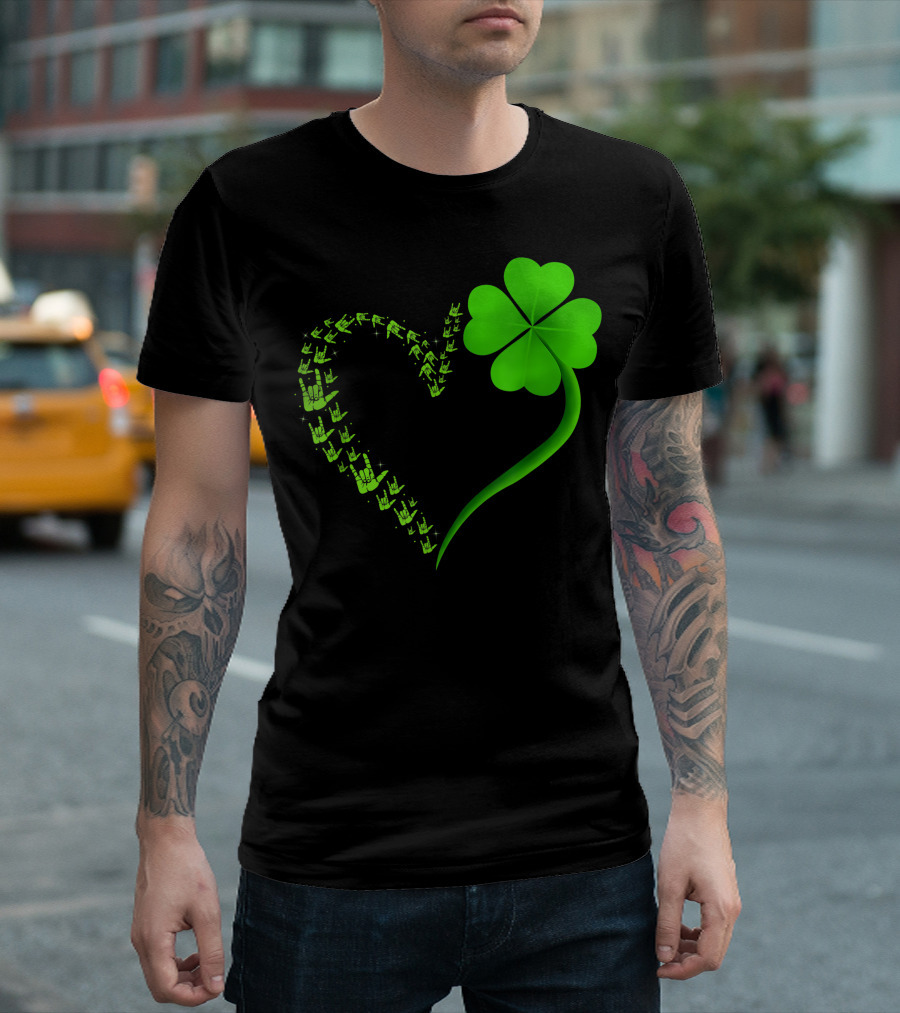 I Love You Hand Sign Language Heart In Shamrock Shape T-Shirt