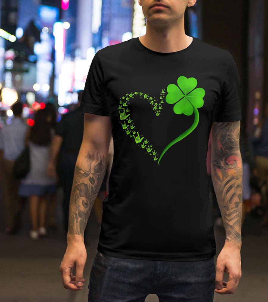 I Love You Hand Sign Language Heart In Shamrock Shape T-Shirt