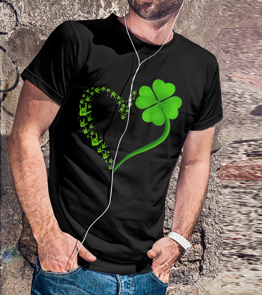 I Love You Hand Sign Language Heart In Shamrock Shape T-Shirt