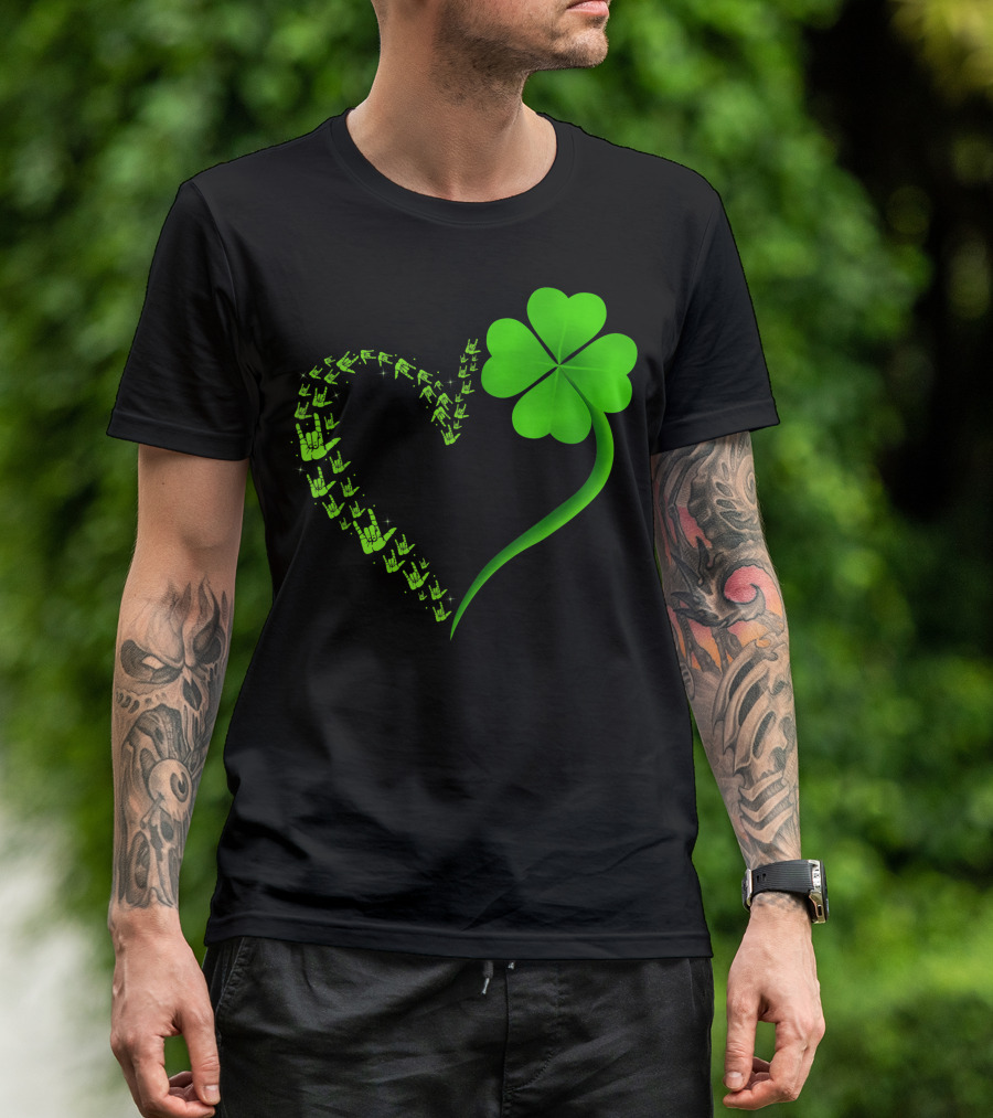 I Love You Hand Sign Language Heart In Shamrock Shape T-Shirt