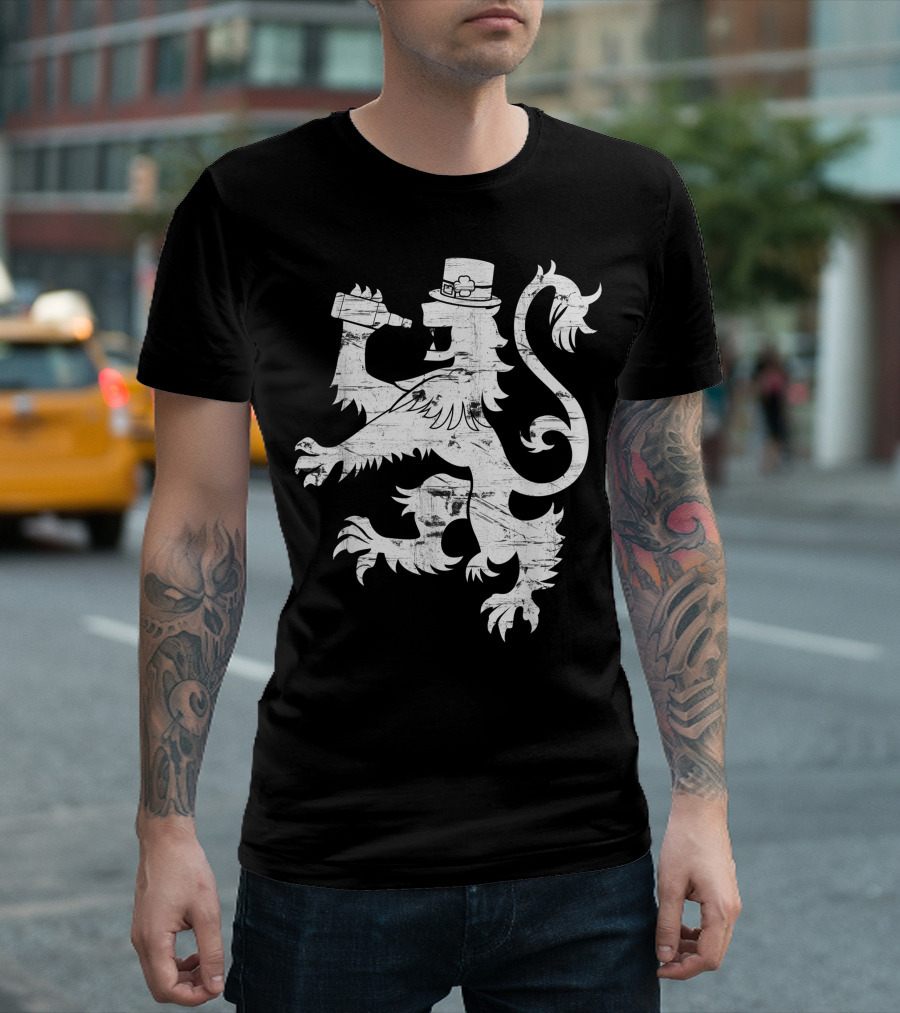 Lion Coat of Arms with Leprechaun Hat Drinking Irish Whiskey T-Shirt