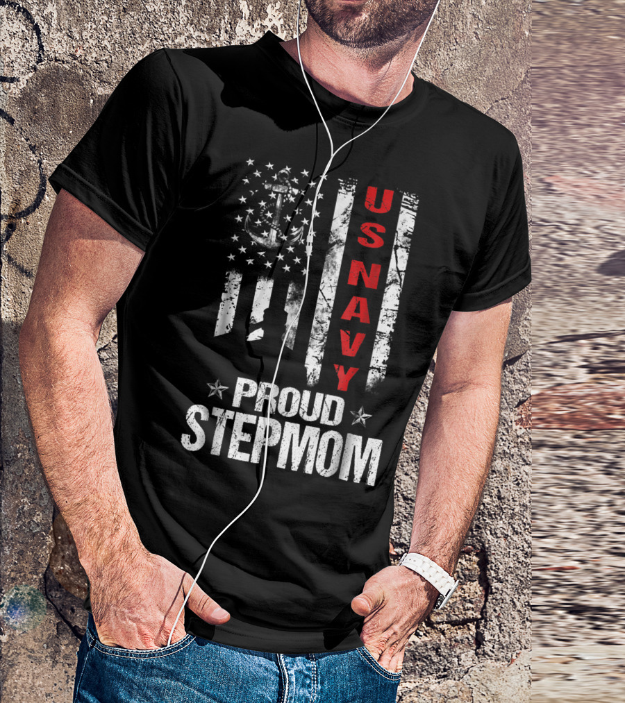 US Navy Proud Stepmom American Flag Anchor Veteran T-Shirt