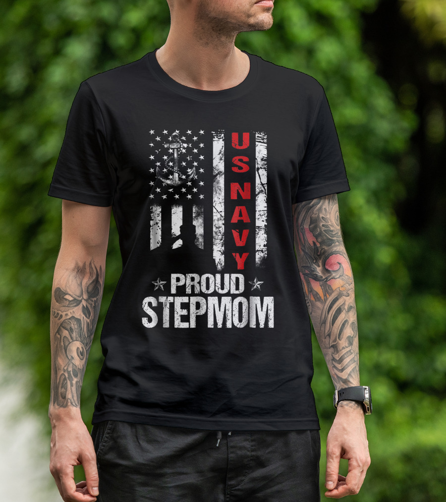 US Navy Proud Stepmom American Flag Anchor Veteran T-Shirt