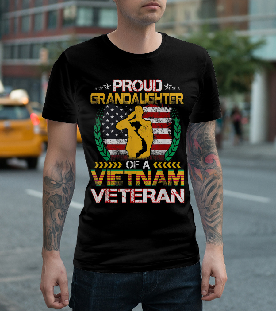 Proud Granddaughter Of A Vietnam Veteran Saluting American Flag With Vietnam Map and Laurel Wreaths T-Shirt
