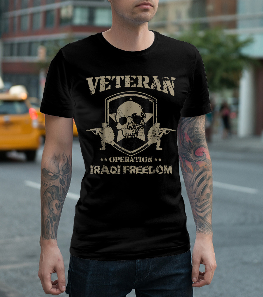 Veteran Operation Iraqi Freedom Skull And Shield Design With Star And Soldiers T-Shirt
