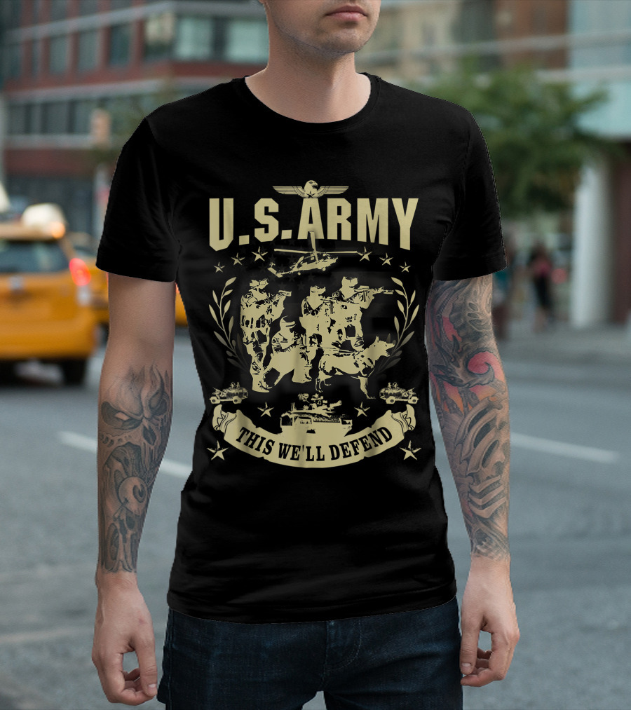 Vintage US Army This We'll Defend Veteran Helicopter Dog Jeep T-Shirt