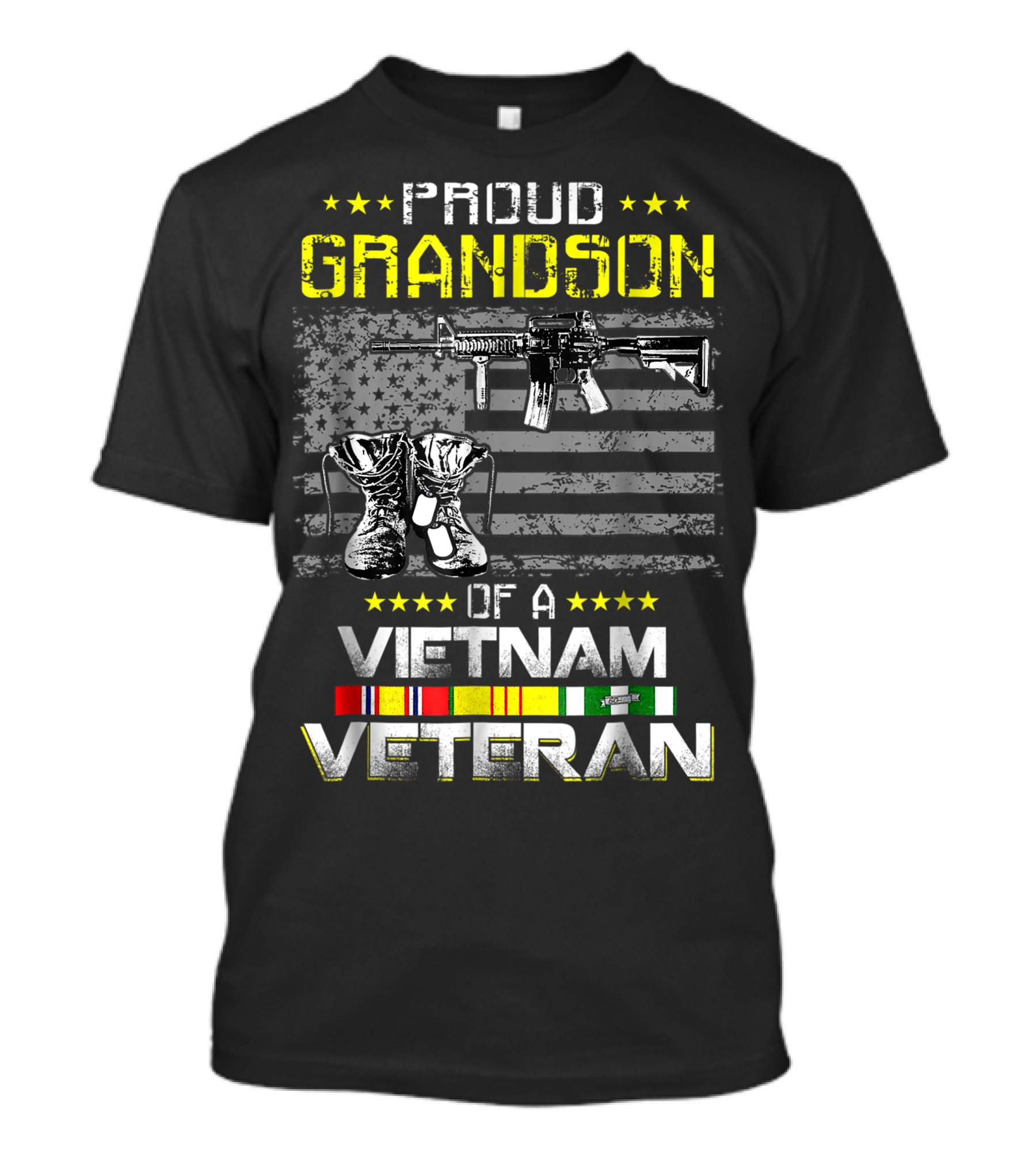 Proud Grandson Of A Vietnam Veteran Vietnam War Vet American Flag Rifle Boots And Ribbons T-Shirt
