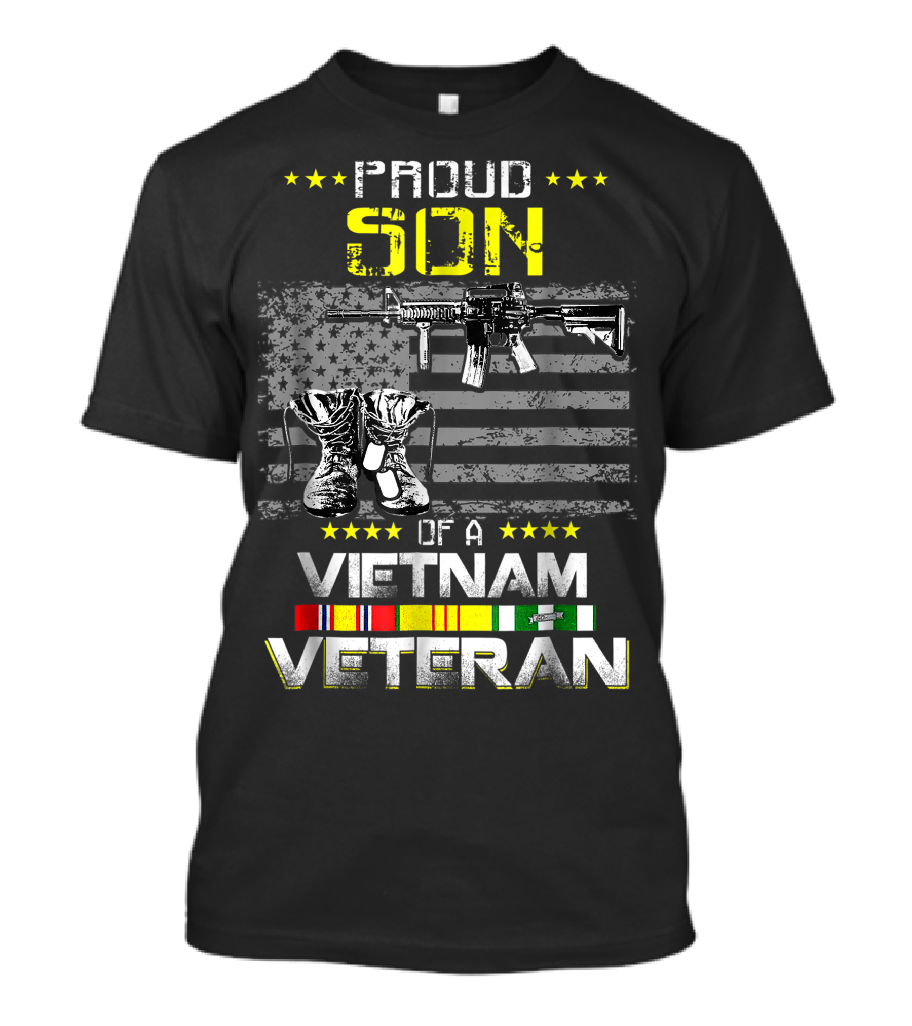 Proud Son Of A Vietnam Veteran With Rifle And Boots Against American Flag T-Shirt