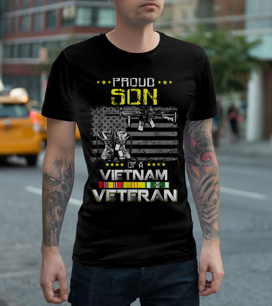 Proud Son Of A Vietnam Veteran With Rifle And Boots Against American Flag T-Shirt