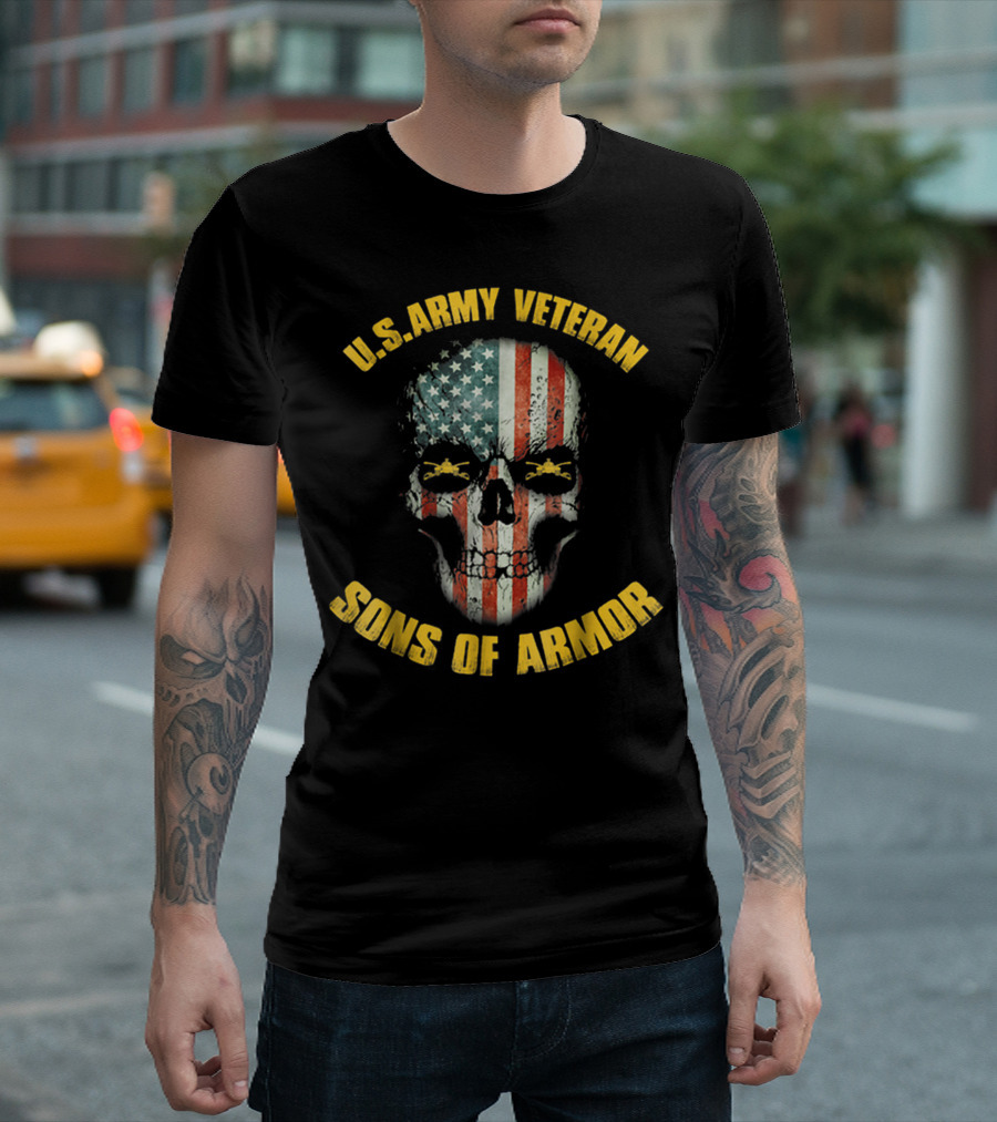 U.S. Army Veteran Sons of Armor American Flag Skull T-Shirt