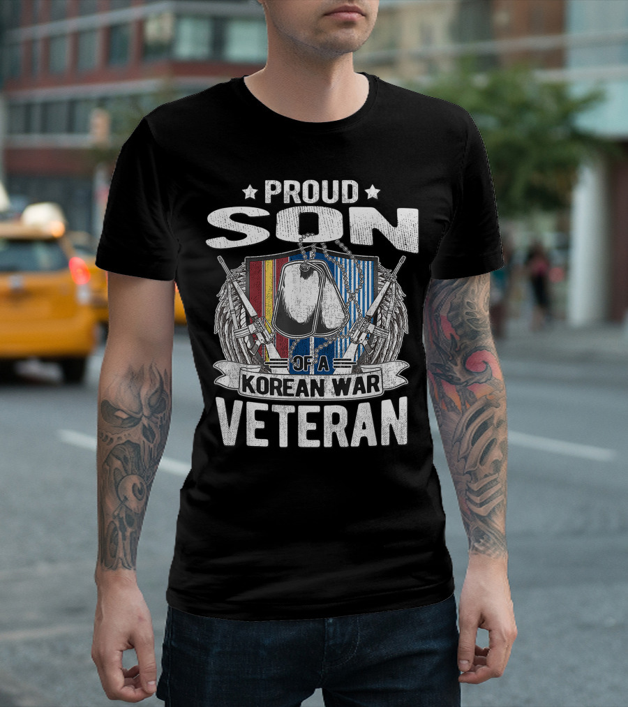 Proud Son Of A Korean War Veteran Dog Tags With Military Family Symbols T-Shirt