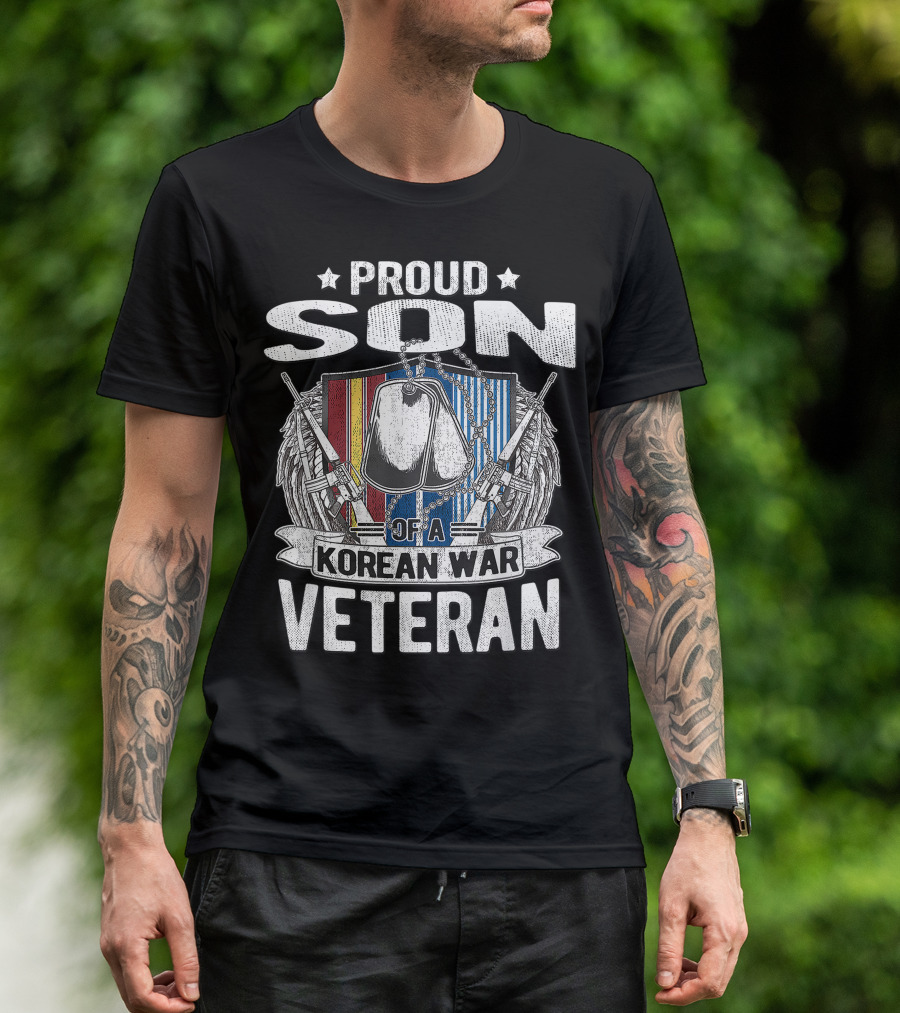 Proud Son Of A Korean War Veteran Dog Tags With Military Family Symbols T-Shirt