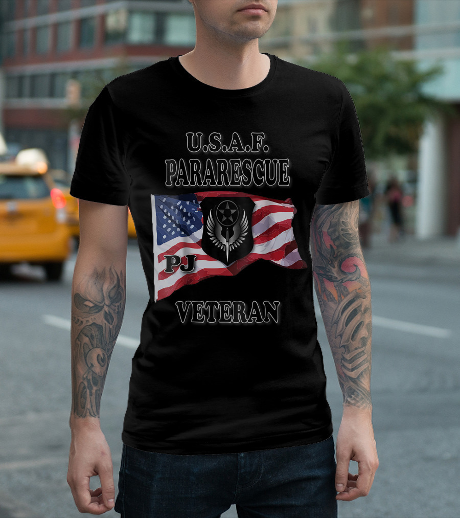 U.S.A.F. Pararescue PJ Veteran American Flag Emblem T-Shirt