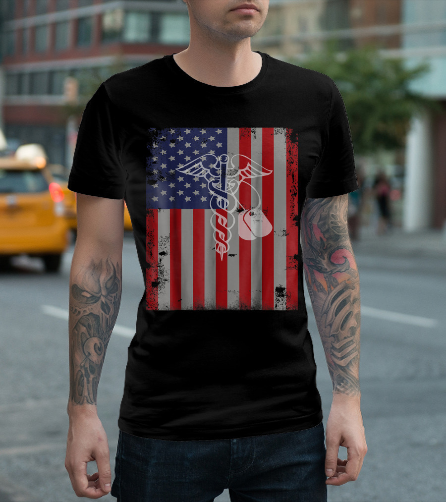 Nurse and US Veteran Patriotic American Flag with Caduceus and Dog Tags T-Shirt