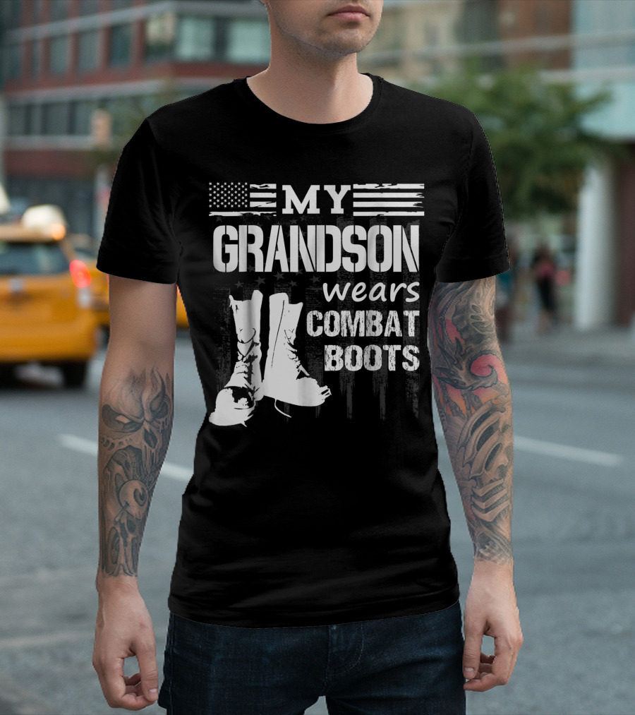 My Grandson Wears Combat Boots American Flag Veteran T-Shirt