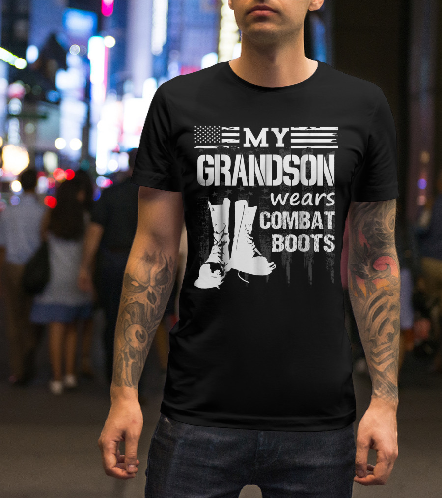 My Grandson Wears Combat Boots American Flag Veteran T-Shirt