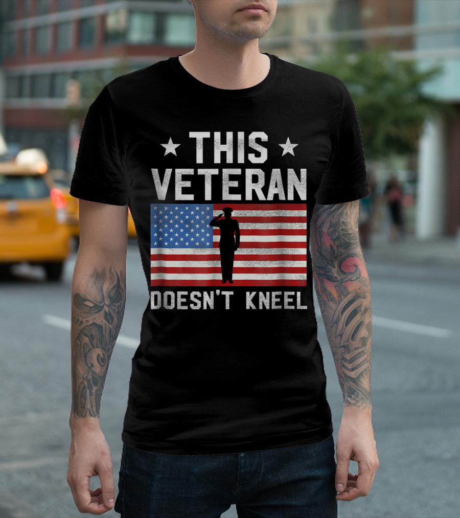 This Veteran Doesn't Kneel American Flag Silhouette Salute T-Shirt