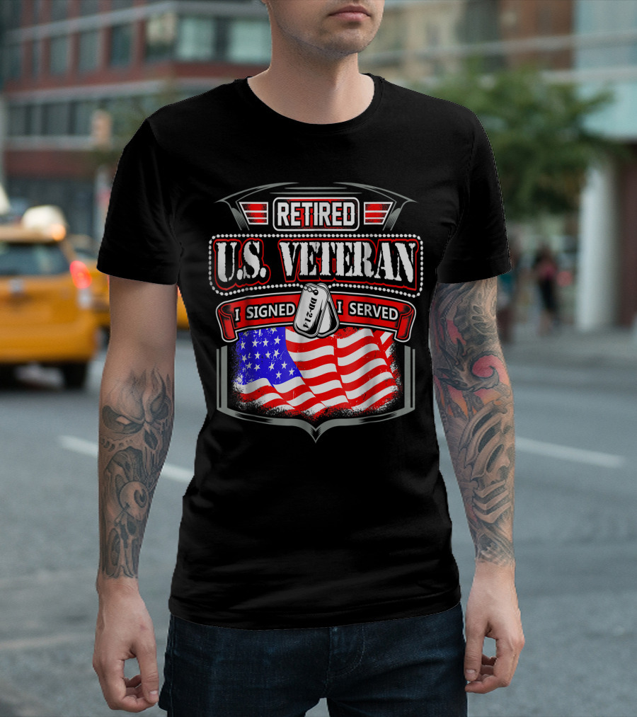 Retired U.S. Veteran I Signed I Served DD 214 American Flag Dog Tags T-Shirt